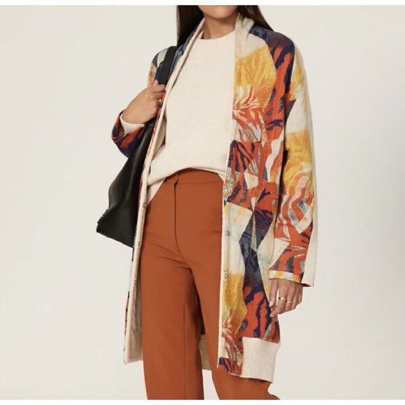 ALDOMARTINS Cardigan Womens 16 Orange Blue Geometric Wool Blend Naeba - Picture 2 of 10